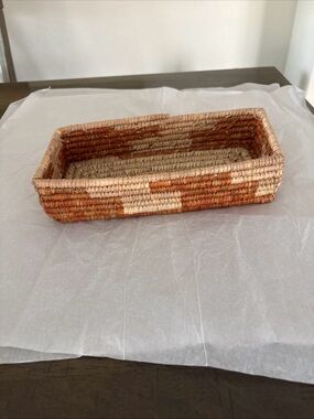 Handcrafted Oblong Wicker Coiled Beige Orange 9.5”  Basket